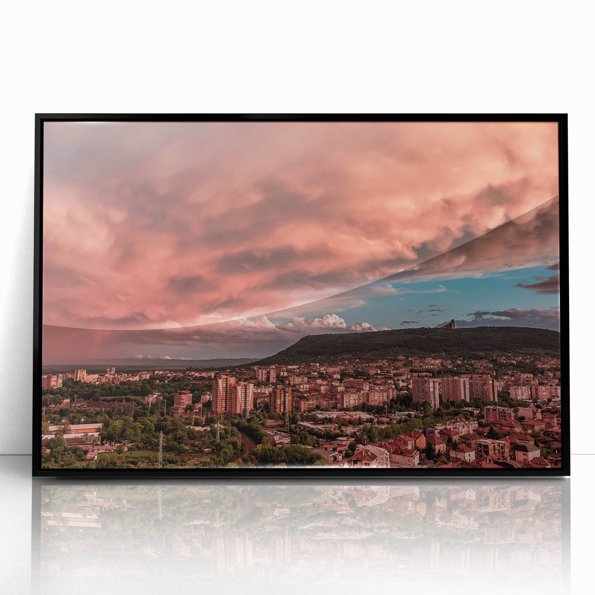 Large abstract wall art depicting a European Bulgarian scenery in muted earth tones, framed in black acrylic.