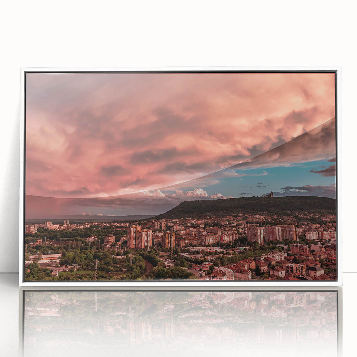 Mid-century modernist art depicting a serene Bulgarian landscape in muted earth tones on a framed acrylic.