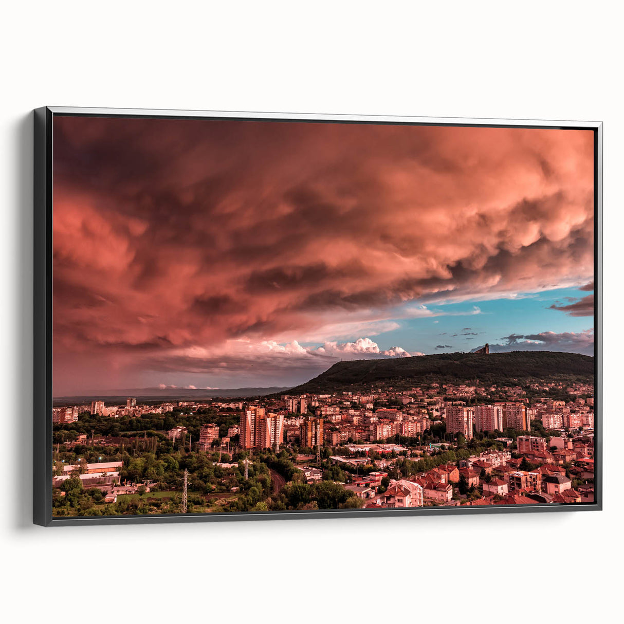 Black and white landscape art painting of a European Bulgarian scene on framed canvas, ideal for bedroom wall decor.