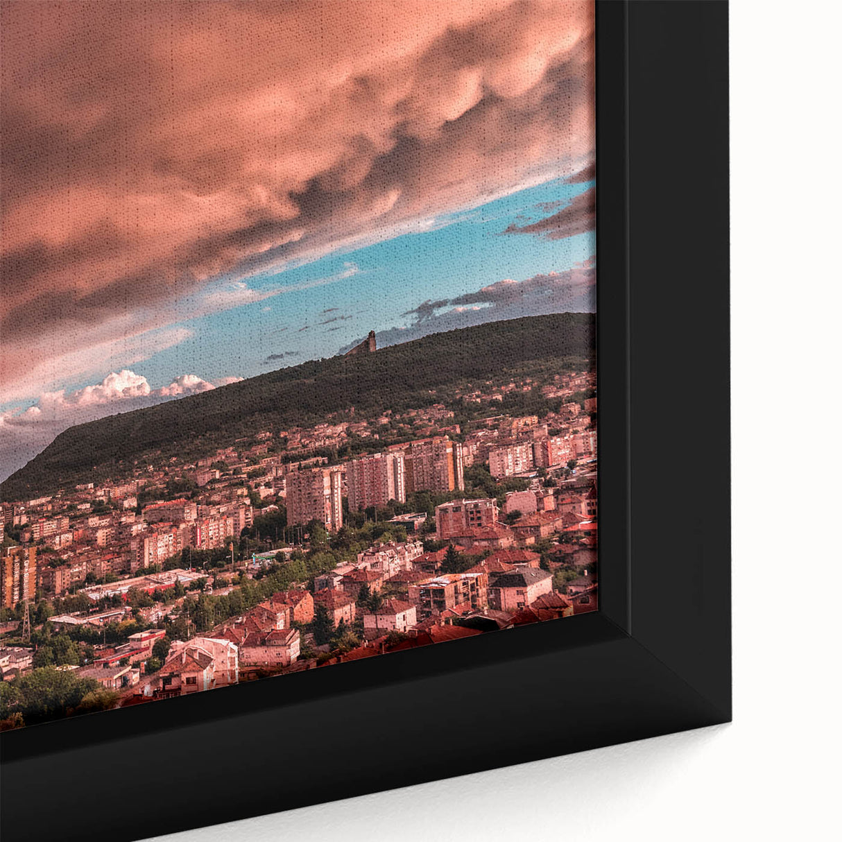 Extra large black wall art featuring a textured Bulgarian scenery in vibrant colors on framed canvas.