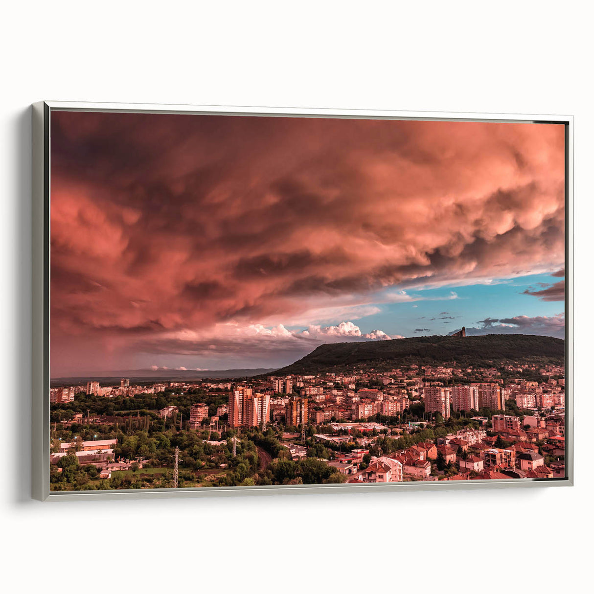 Landscape art painting of a Bulgarian scenery in vibrant colors on a framed canvas, ideal for living room decor.
