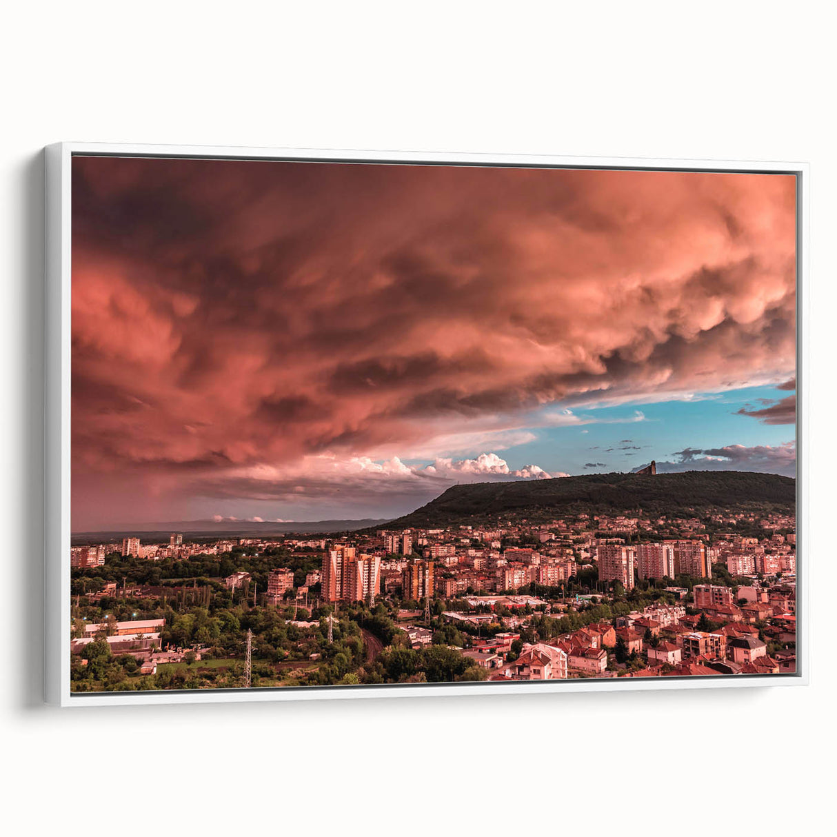 Vintage poster art of a Bulgarian landscape in vibrant colors on a framed canvas, ideal for living room decor.