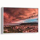Vintage poster art of a Bulgarian landscape in vibrant colors on a framed canvas, ideal for living room decor.