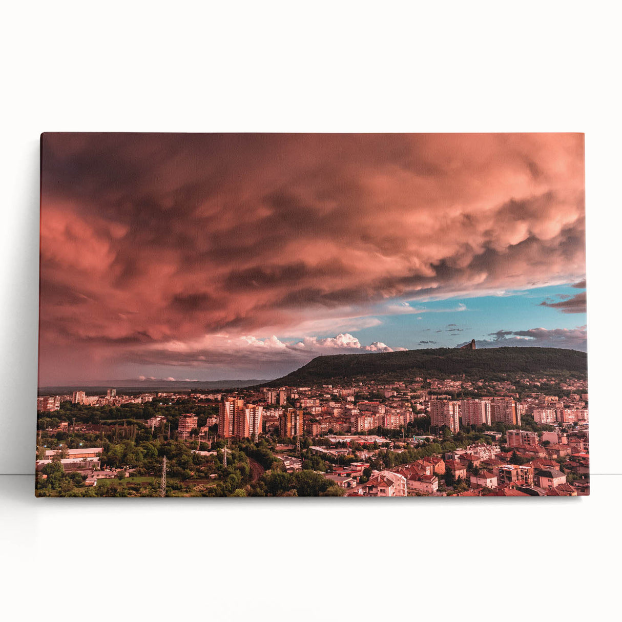 Large black and white photo of European scenery on stretched canvas, suitable as kitchen wall art.