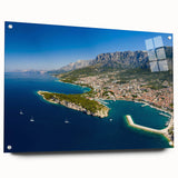 Acrylic print of a European Croatian landscape in muted earth tones, ideal for dining room decor.