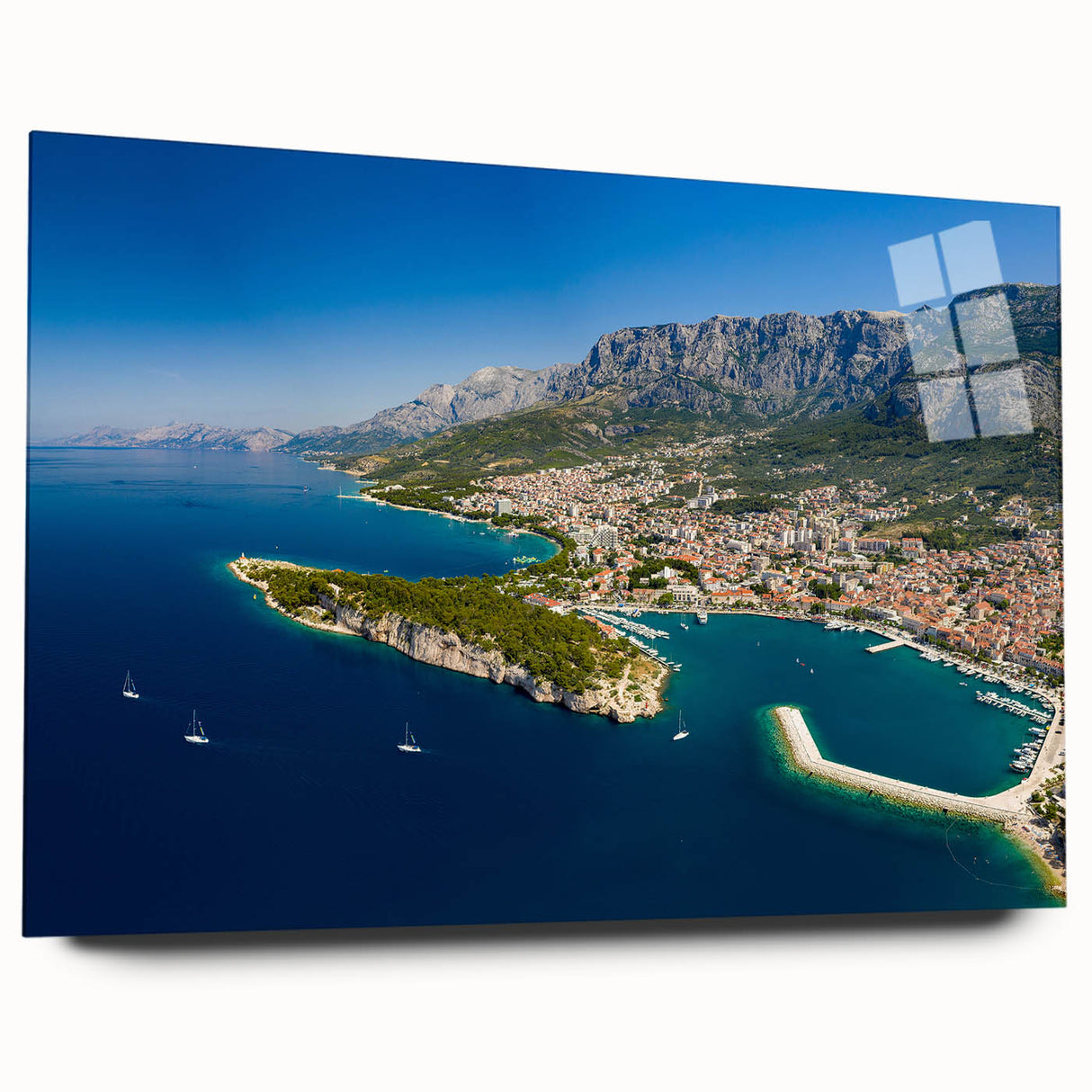Large abstract art print of a Croatian landscape in muted earth tones on acrylic glass.