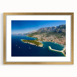 Abstract art print of a European Croatian landscape in muted earth tones, framed with a gold mat.