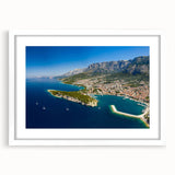 Textured art print of a Croatian landscape in muted earth tones on a white-framed canvas, ideal for bedroom art.