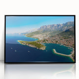 Large abstract wall art depicting a vibrant European Croatian landscape, framed in black acrylic.