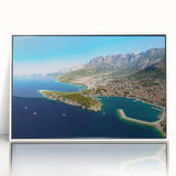 Mid-century modernist art depicting a serene Croatian landscape in soft pastel shades on a framed acrylic.