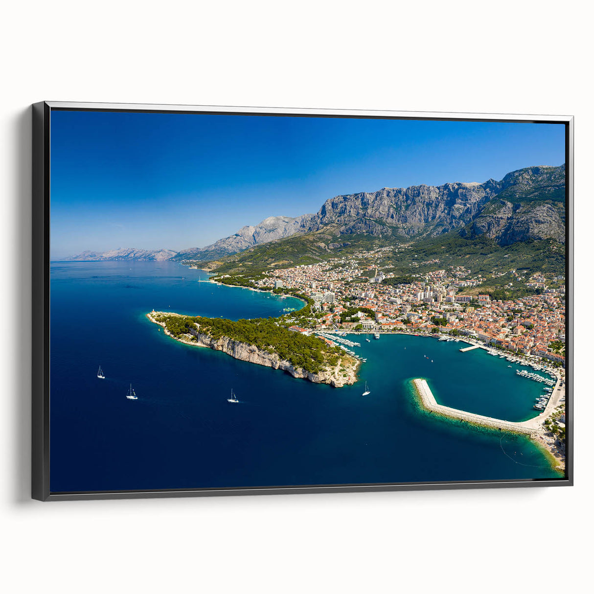Black and white framed canvas depicting a vintage European Croatian landscape, ideal for bedroom wall art.