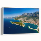 Vintage poster art of a Croatian landscape on a framed canvas, featuring vibrant colors against a black background.