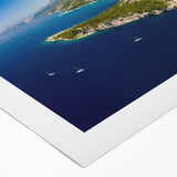 Art deco poster of a Croatian coastal scene, featuring soft pastel colors on a rolled canvas, ideal for dining room wall art.