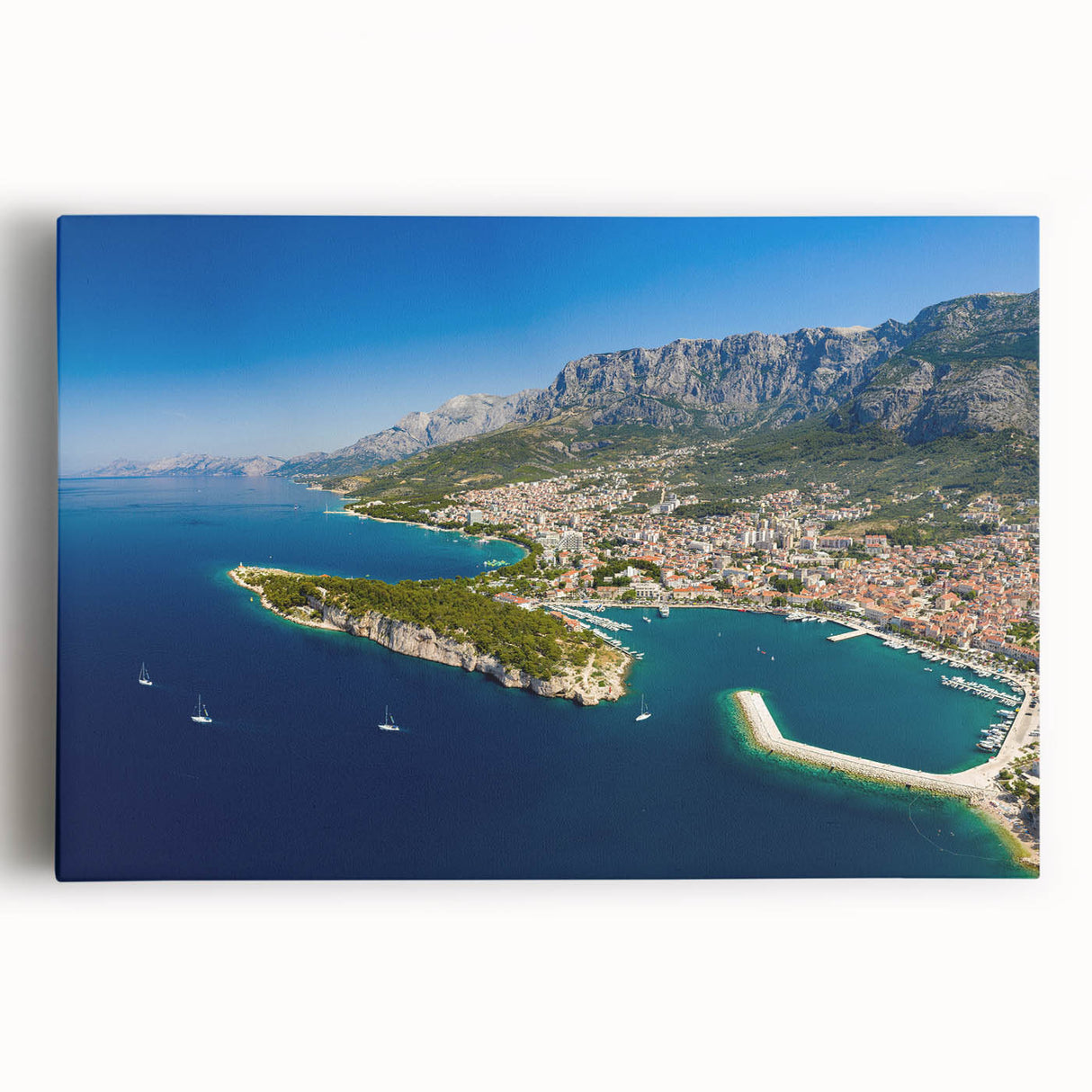 Black and white stretched canvas depicting a scenic Croatian landscape, ideal for kitchen wall art.