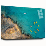 Large abstract wall art of a European Cyprus scenery in vibrant green and blue tones on acrylic glass.