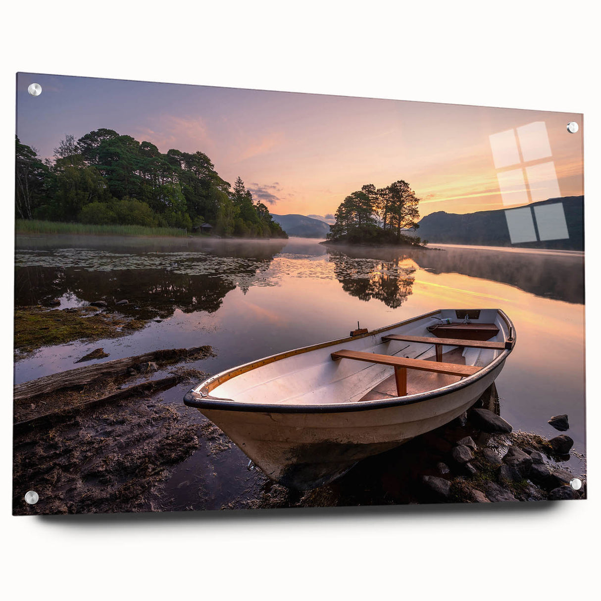 Acrylic print of a Cumbria, England landscape in muted green and blue tones, suitable for bedroom or dining room decor.
