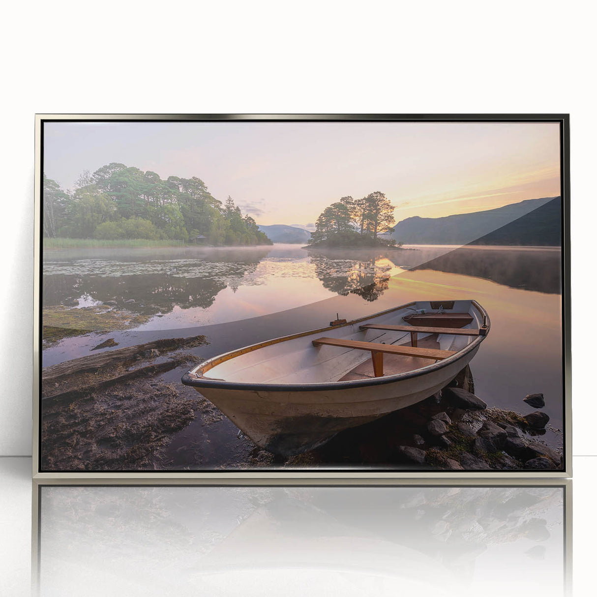 Large art print of Cumbria, England scenery in muted earth tones, framed in silver acrylic, ideal for modern art wall decor.