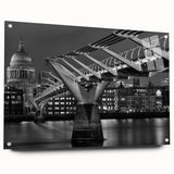 Acrylic print of a large abstract depiction of the London skyline in muted gray and blue tones.