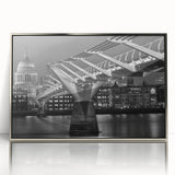 Large art print of London scenery in mid-century modernist style, acrylic framed in silver, ideal for nursery wall art.