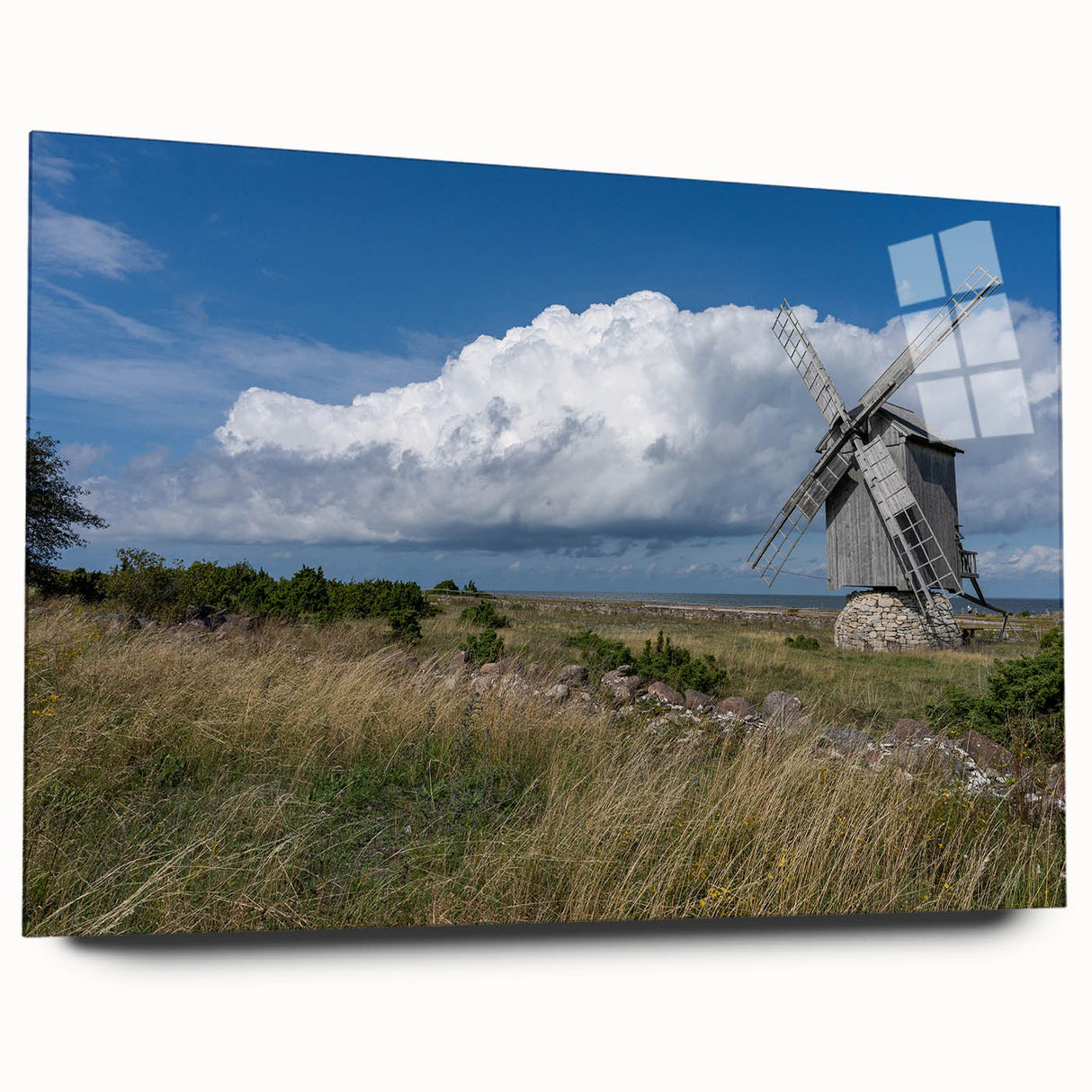 Large abstract wall art of a European scenery in muted earth tones on acrylic glass, ideal for bedroom or dining room decor.
