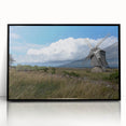 Large abstract wall art depicting a European Estonian landscape in muted earth tones, framed in black acrylic.