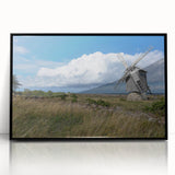 Large abstract wall art depicting a European Estonian landscape in muted earth tones, framed in black acrylic.