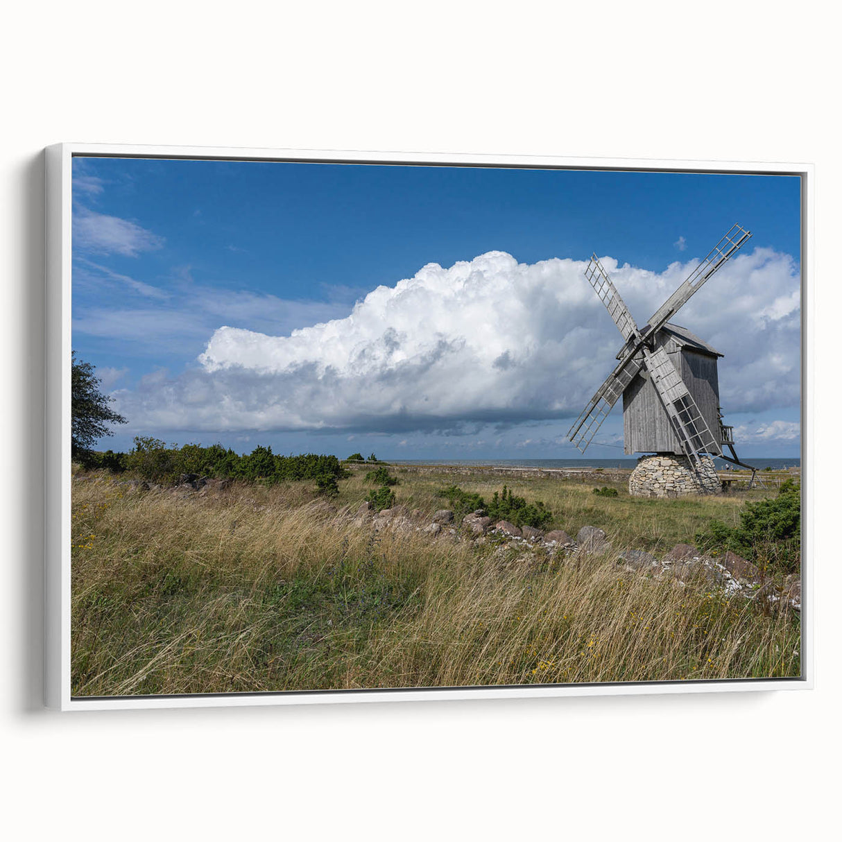 Vintage poster art of a scenic Estonian landscape on extra large framed canvas, with vibrant colors.
