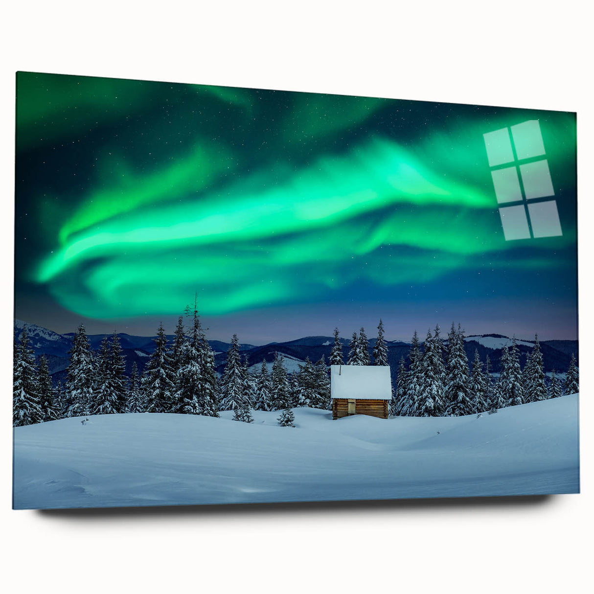 Large abstract wall art of a European scenic landscape in muted green and blue tones, acrylic print.
