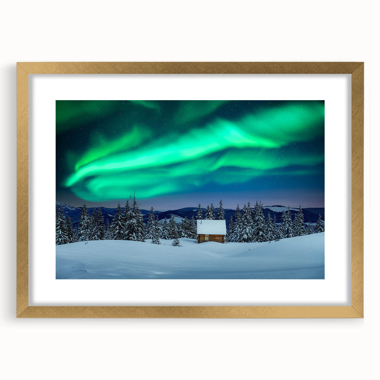 Abstract art print of a serene Finnish landscape in muted blue and green tones on a framed canvas.