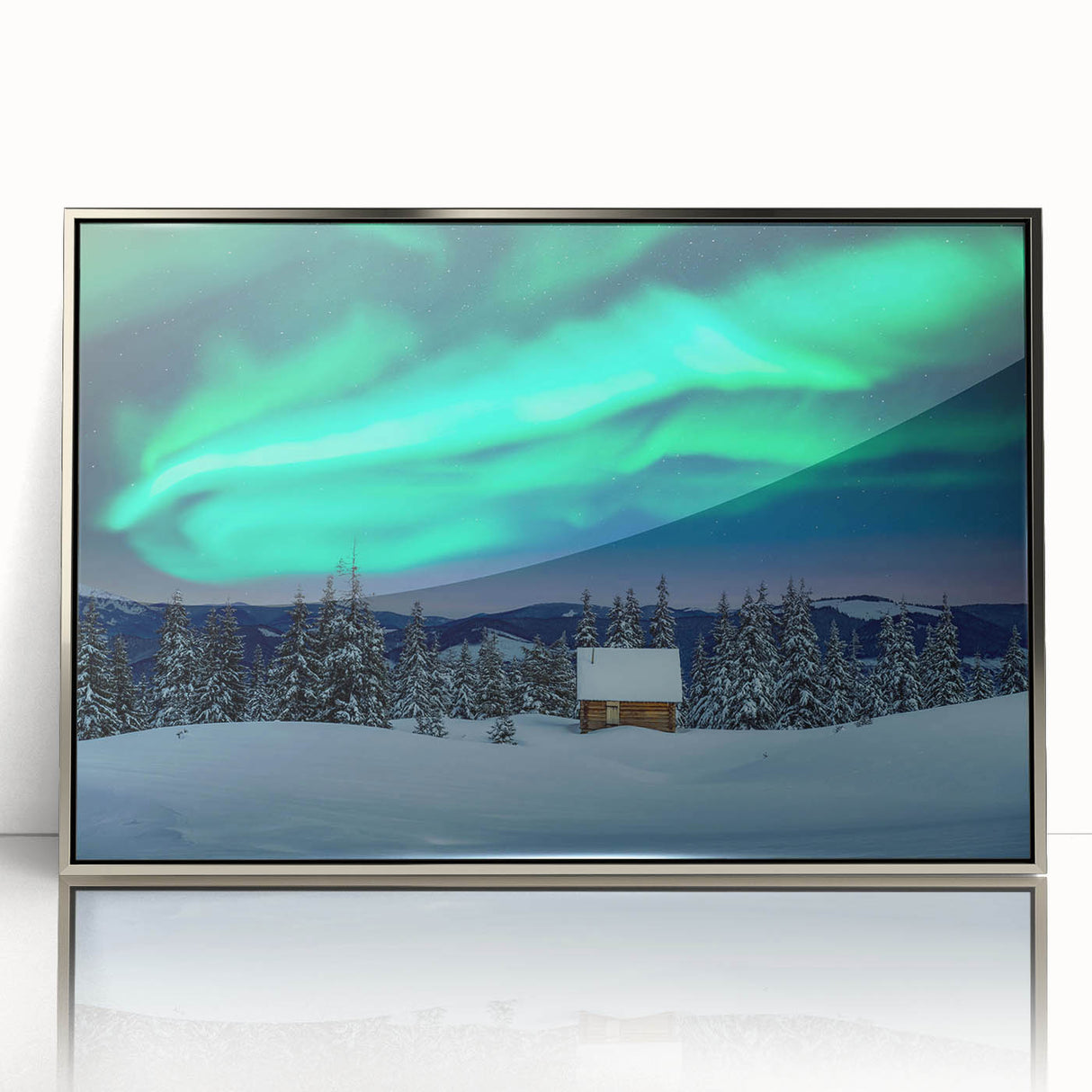 Mid-century modernist art of a serene Finnish landscape in cool blue and gray tones on a large framed acrylic print.