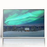 Mid-century modernist art depicting a serene Finnish landscape in muted colors on a framed acrylic.