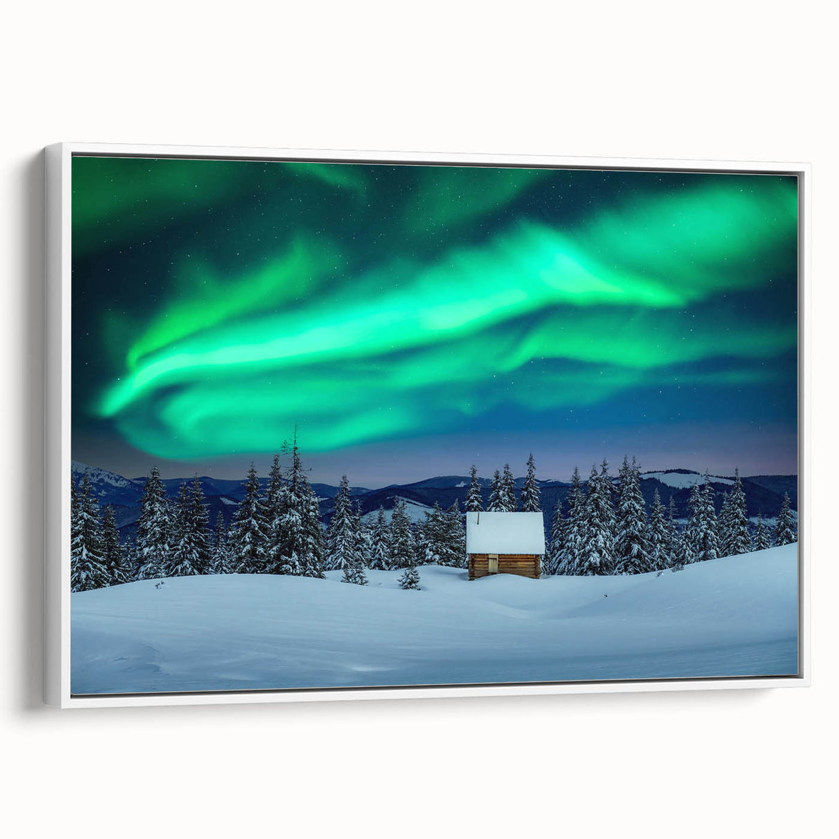 Vintage poster art of a Finnish landscape on framed canvas, featuring colorful art elements on a black background.