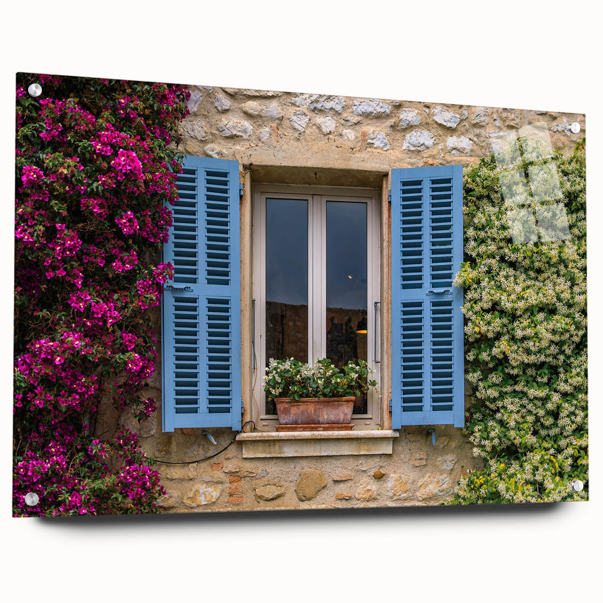 Acrylic print of a large abstract representation of a southern French landscape in muted earth tones.