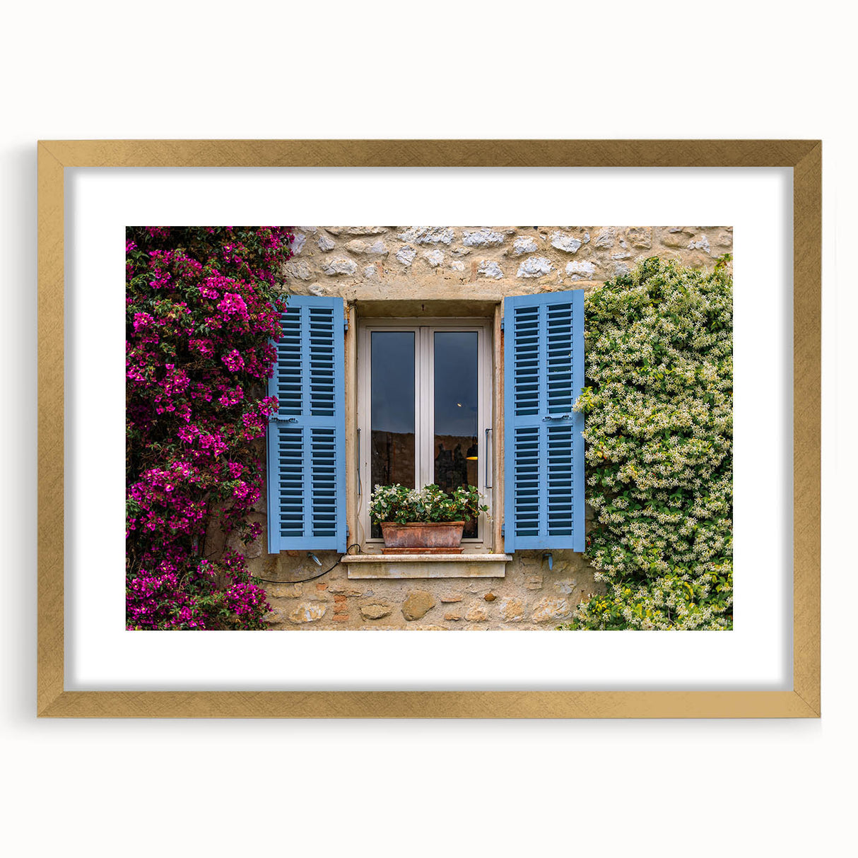 Abstract art print of a southern France landscape in muted earth tones, framed in gold, suitable for dining room decor.