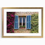 Abstract art print of a southern France landscape in muted earth tones, framed in gold, suitable for dining room decor.