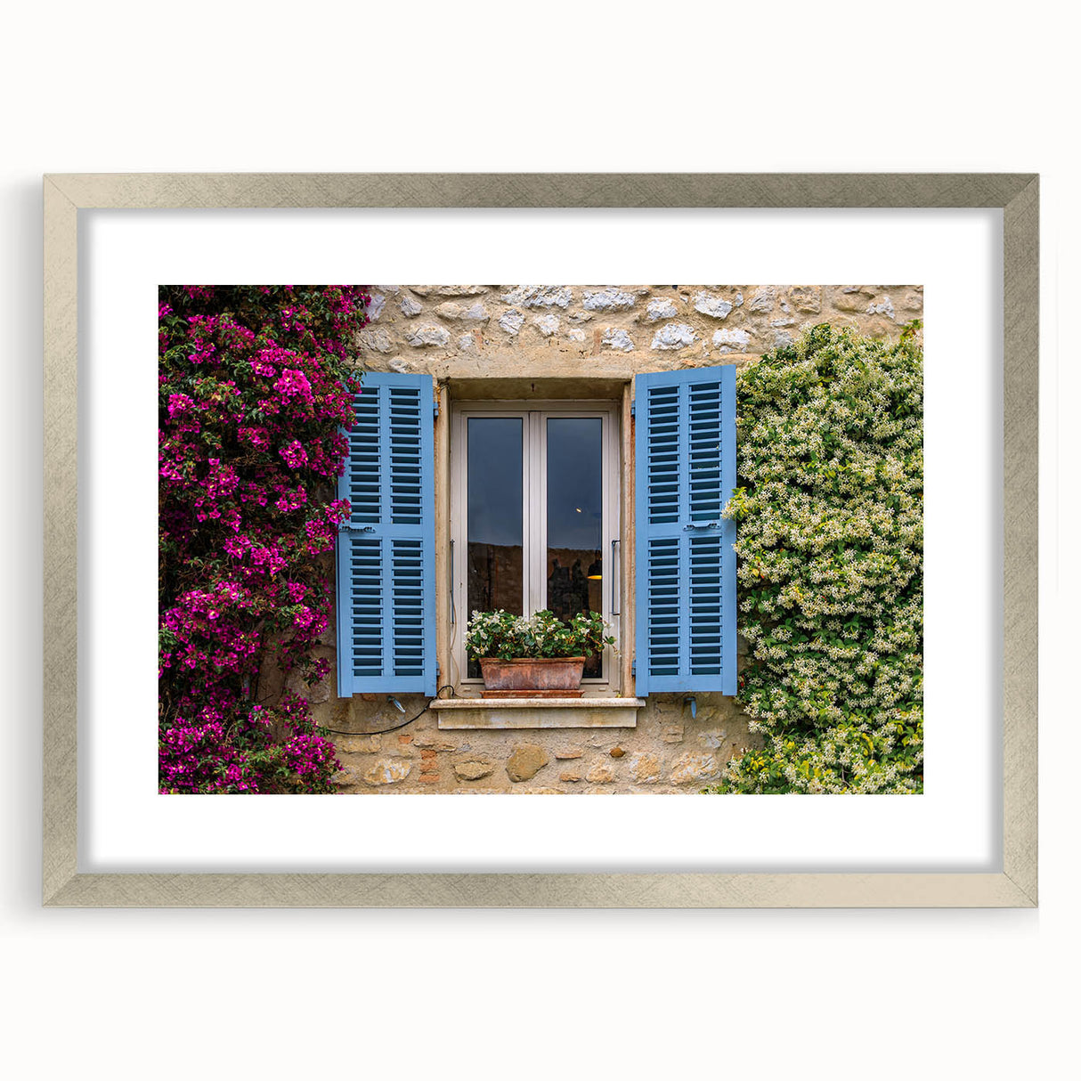 Extra large abstract art print of a textured French southern landscape in silver frame, ideal for living room decor.
