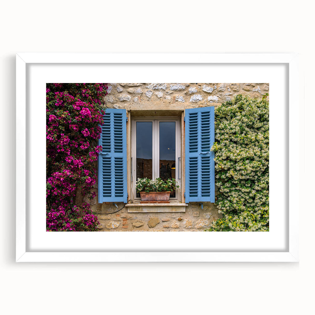 Textured art depicting an abstract scene of southern France in muted earth tones, framed with a white mat.