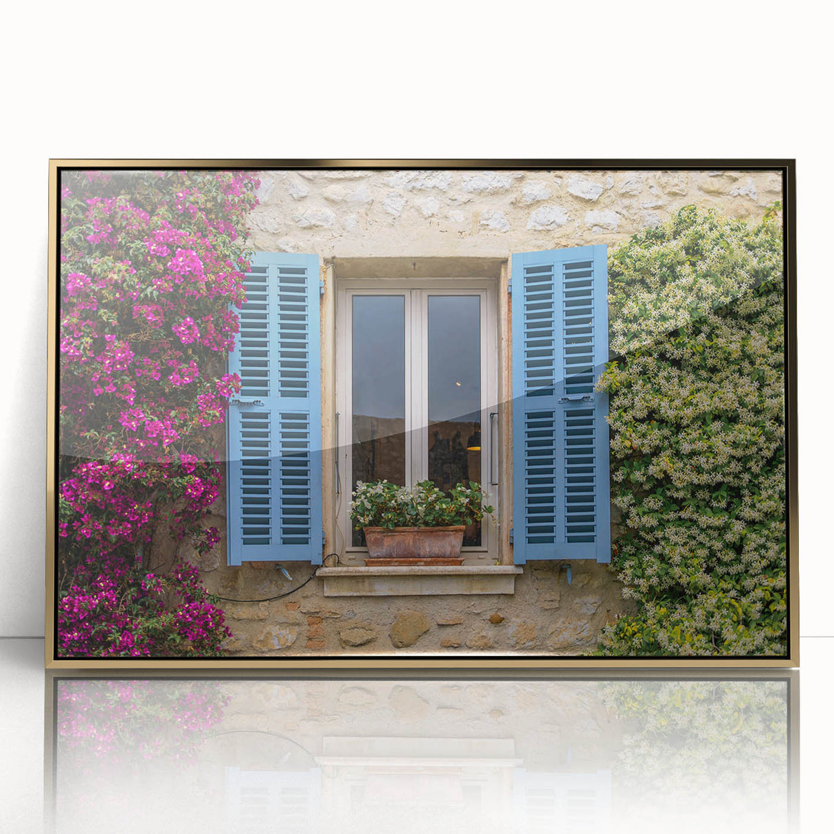 Art deco poster of a South France scenery in gold-acrylic frame, ideal for modern art wall decor in a nursery.