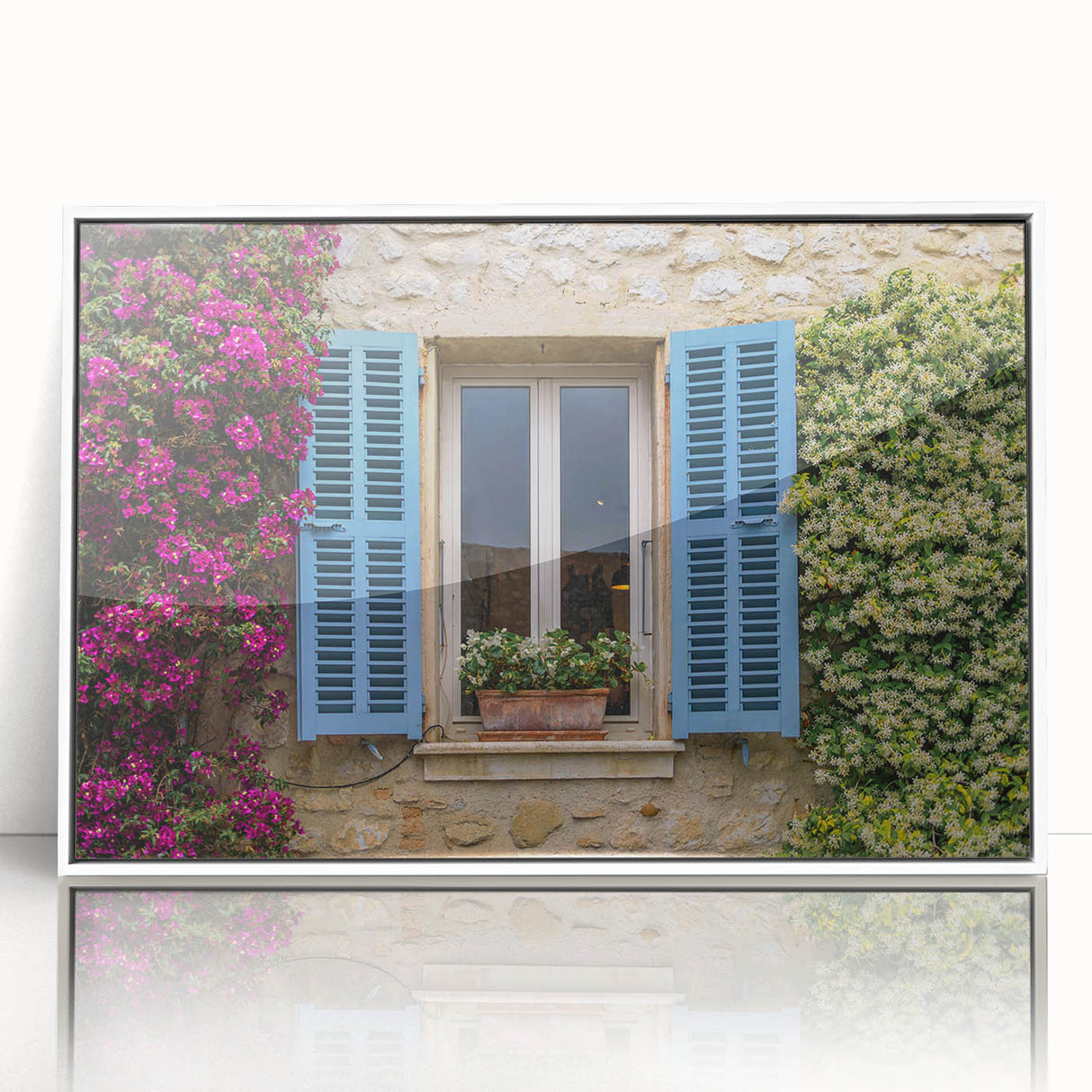 Mid-century modernist art depicting a scenic South France landscape in muted earth tones on a white-framed acrylic print.