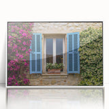 Mid-century modernist art depicting a scenic South France landscape in muted earth tones on a white-framed acrylic print.
