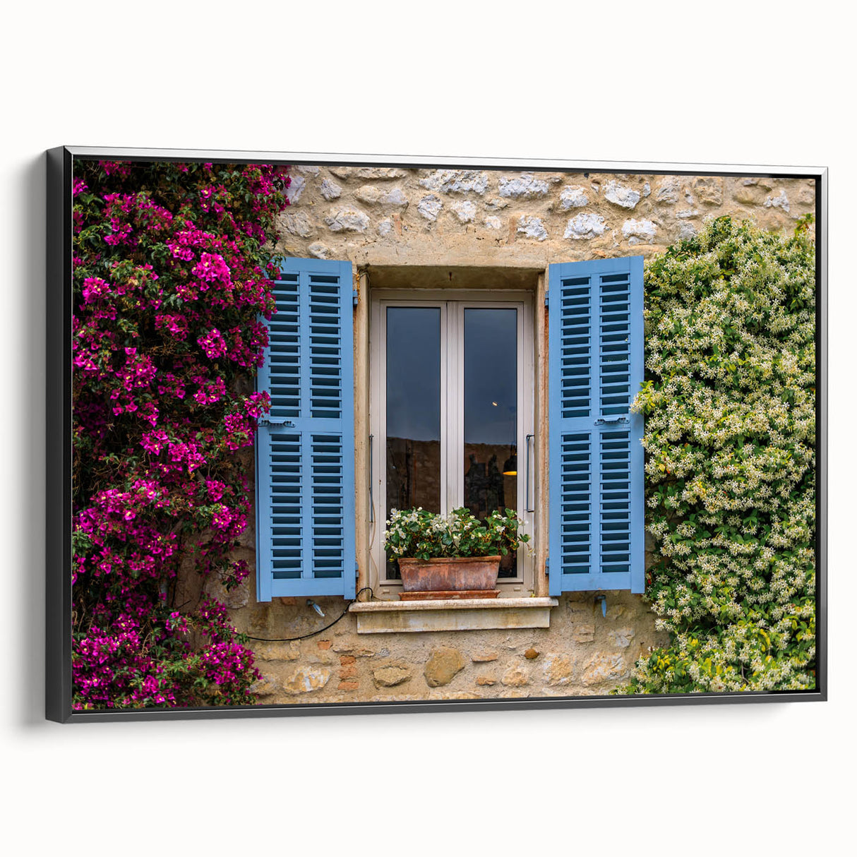 Black and white landscape art painting of southern France on framed canvas, ideal for bedroom wall decor.