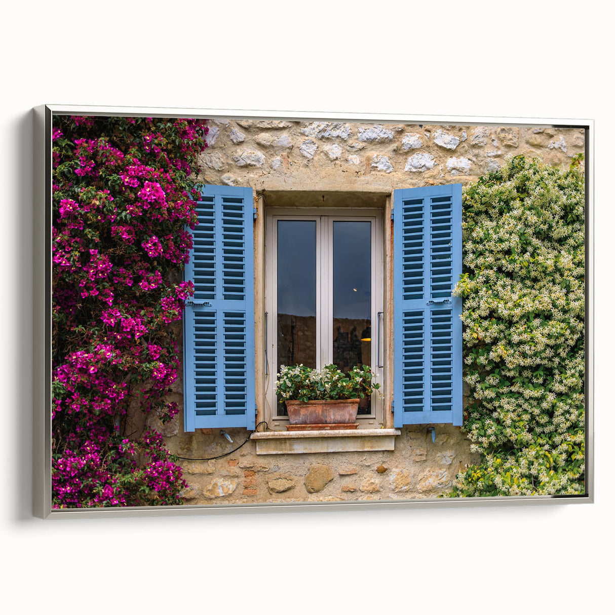 Landscape art painting of a vintage-style French scenery on framed canvas, featuring vibrant colors with a black border.