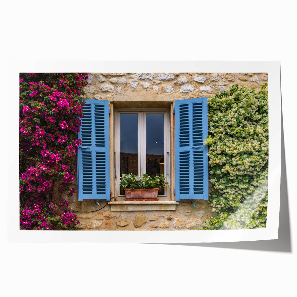 Extra large rolled print of a South France landscape with vibrant floral elements, ideal for art wall dining room decor.