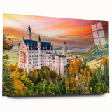 Large abstract wall art of a Bavarian landscape in muted green and blue tones on acrylic glass.