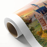 Art deco style poster of a Bavarian landscape on rolled canvas, depicting serene green hills and a clear sky.