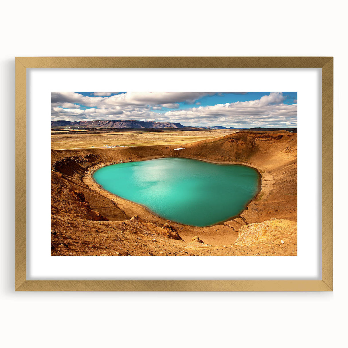 Abstract art print of a European Icelandic landscape in muted blue and gray, framed in gold, ideal for dining room decor.