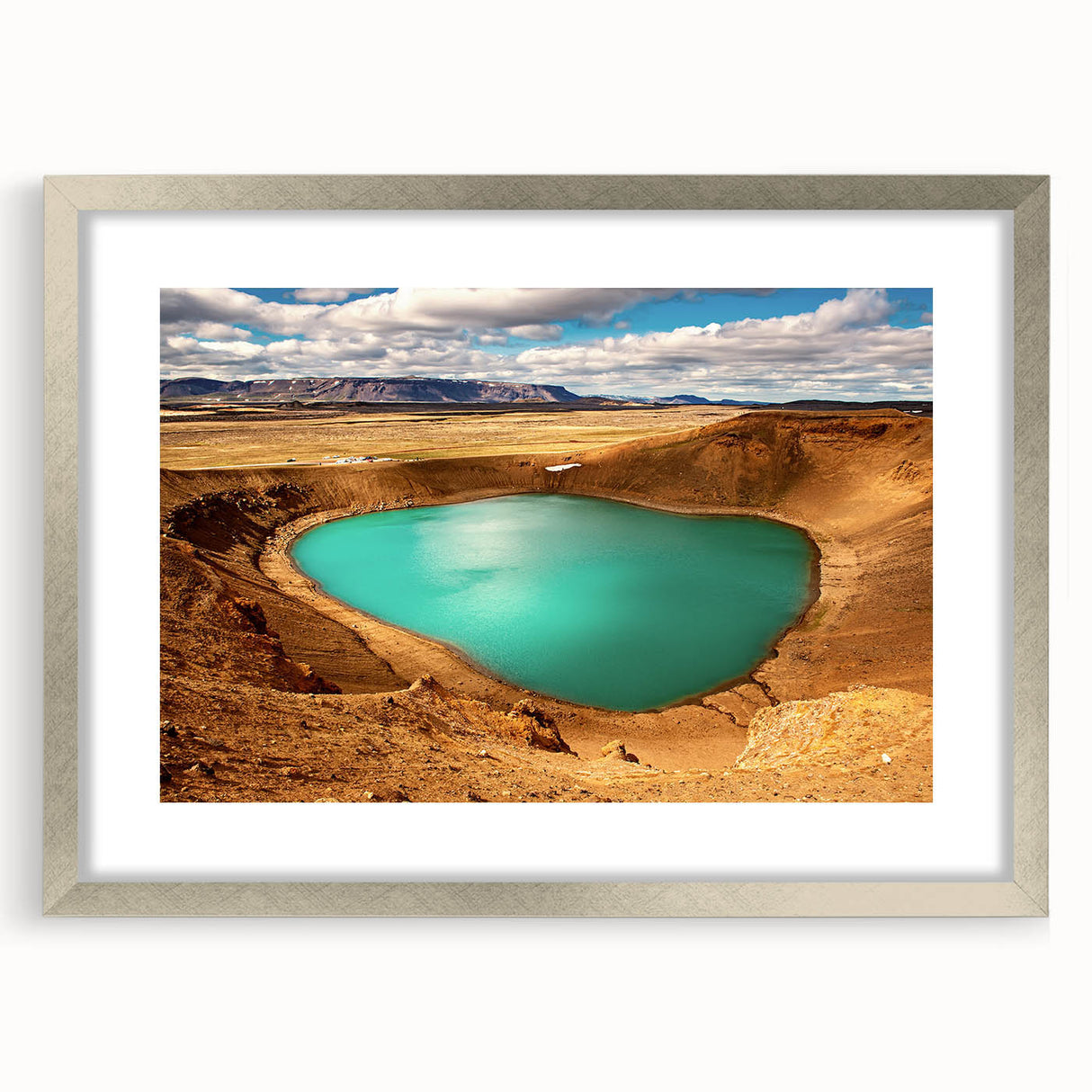 Extra large wall art of abstract Icelandic scenery in textured grays and blues, framed in silver.