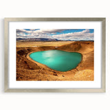 Extra large wall art of abstract Icelandic scenery in textured grays and blues, framed in silver.