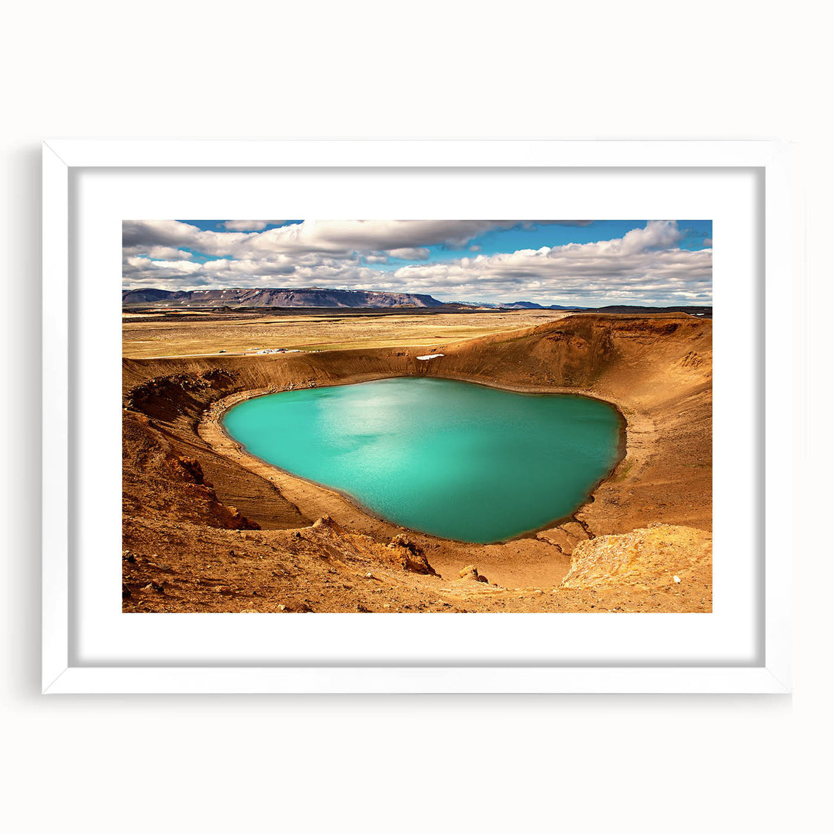 Textured art depicting an abstract Icelandic landscape in muted gray and blue tones, framed with a white mat.