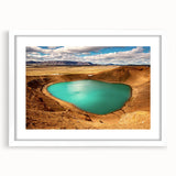 Textured art depicting an abstract Icelandic landscape in muted gray and blue tones, framed with a white mat.